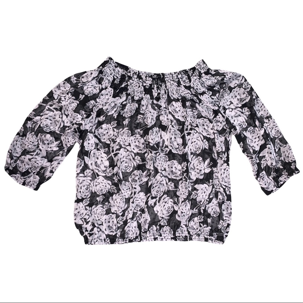 Y2K Floral Black & White Sheer 3/4 Sleeve Blouse